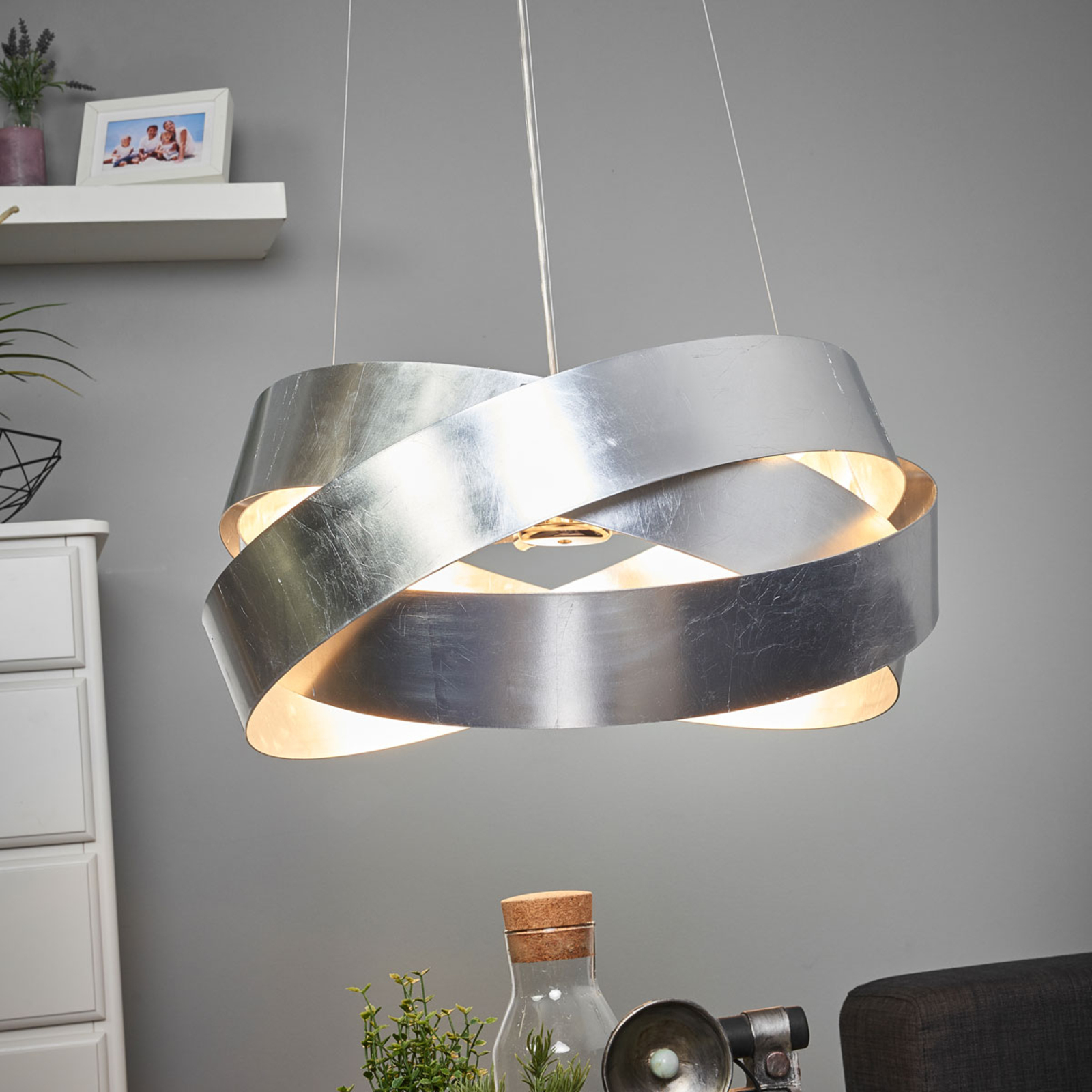 Pura pendellampa med blad av silver, 60cm, 8x G9